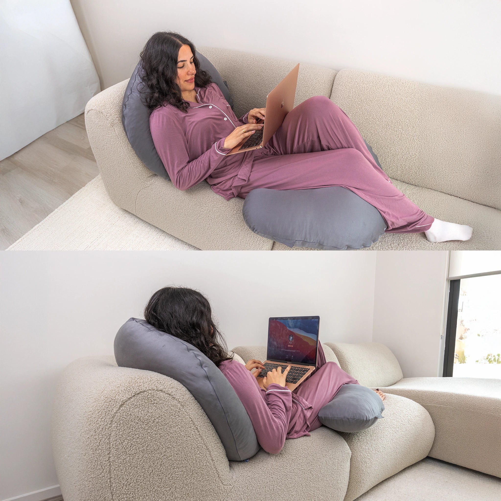 Woman using C-shaped Comfybud pregnancy body pillow as back and leg support while working on a couch