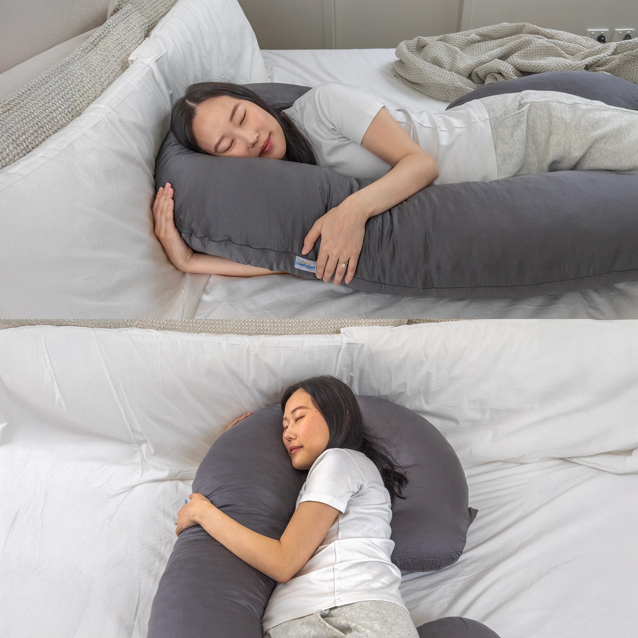 Woman resting with grey C-shaped Comfybud maternity and body pillow on bed, best pregnancy pillow for side sleepers and back support