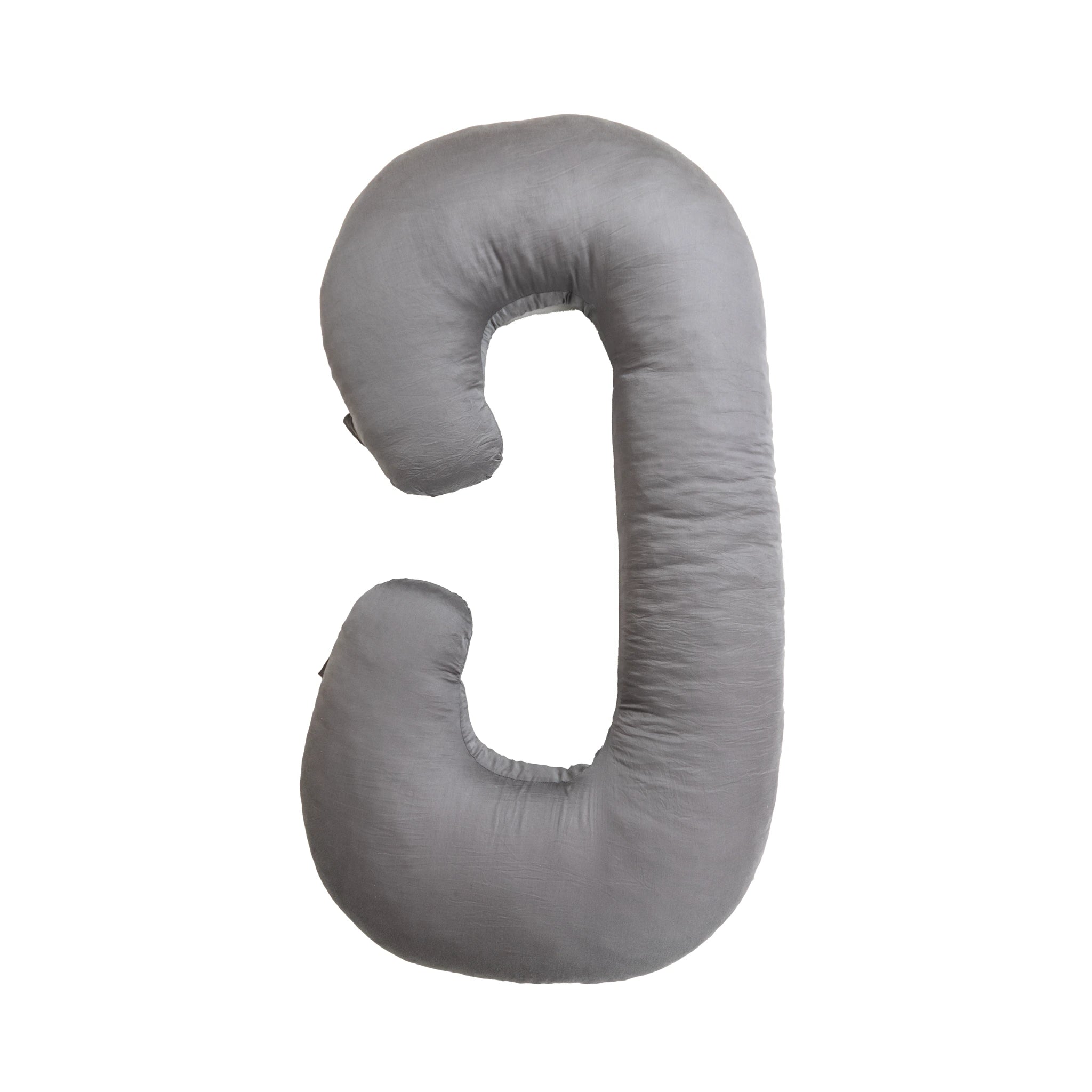 Comfybud C-shaped grey body and pregnancy pillow, premium memory foam design for side sleeping, back support, and maternity comfort