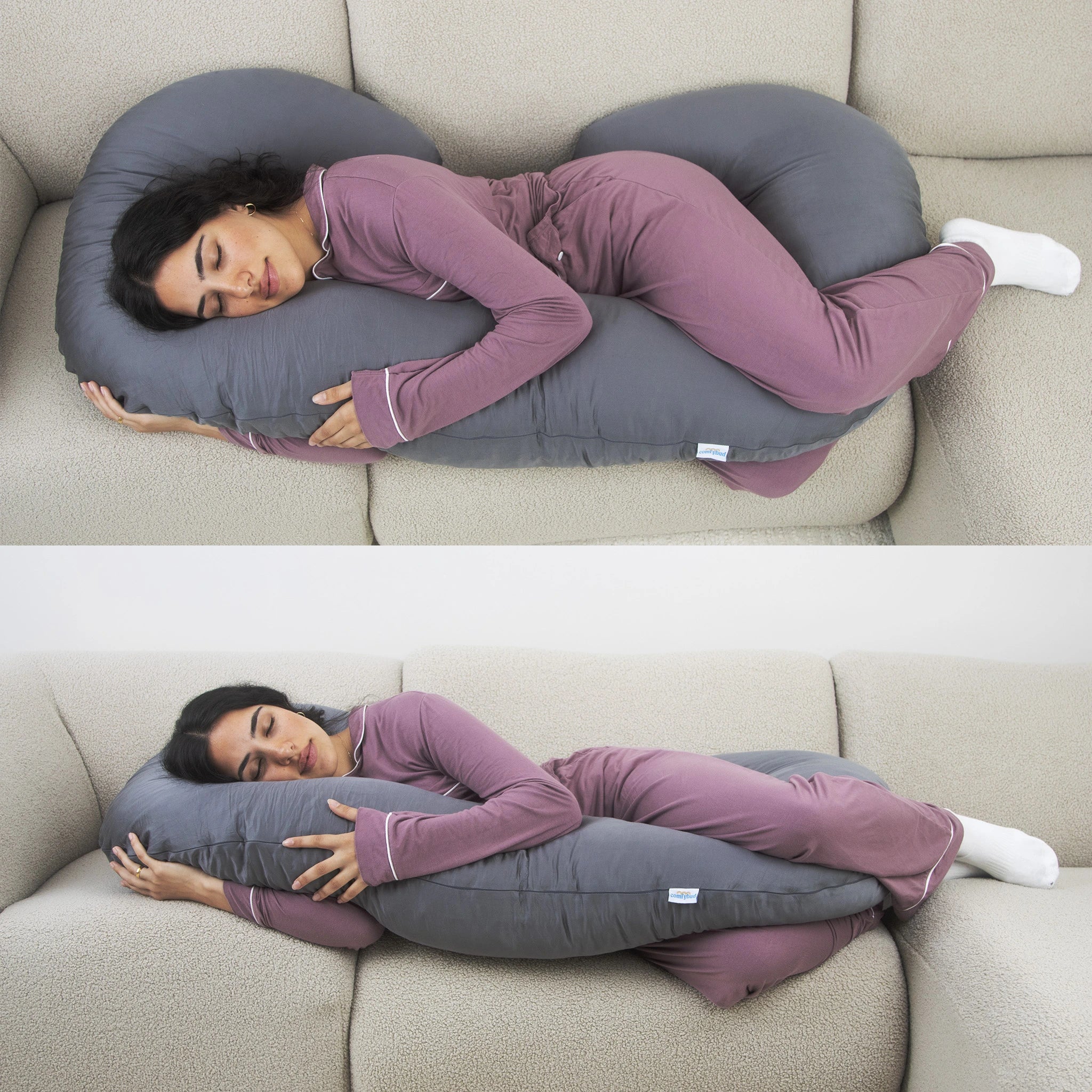 Woman cuddling C-shaped Comfybud pregnancy pillow on couch, premium body pillow for side sleepers, back support, and maternity comfort